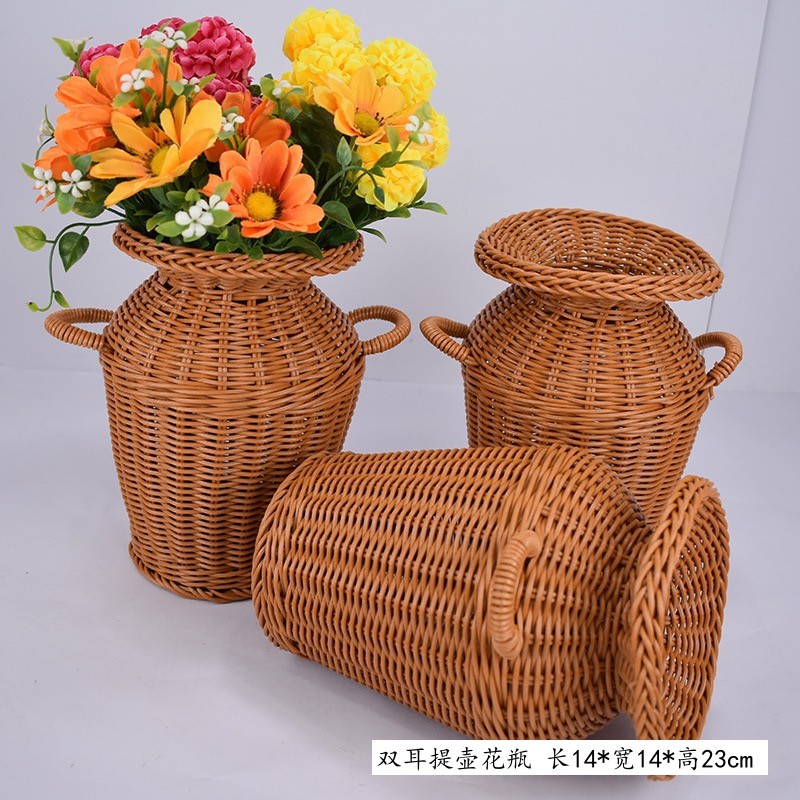 CL005007-Imitation rattan pure hand-woven hand-held binaural pot retro storage vase with dried flowers anti-real flowers living room decoration