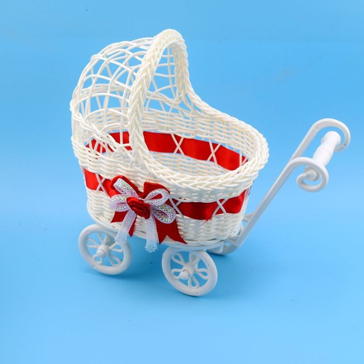 CL005008-Wholesale cute baby stroller decoration flower basket home furnishing imitation rattan pure hand-woven garden style rattan stroller