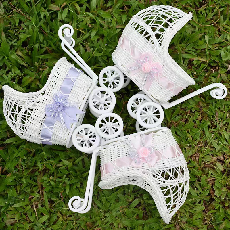 CL005008-Wholesale cute baby stroller decoration flower basket home furnishing imitation rattan pure hand-woven garden style rattan stroller