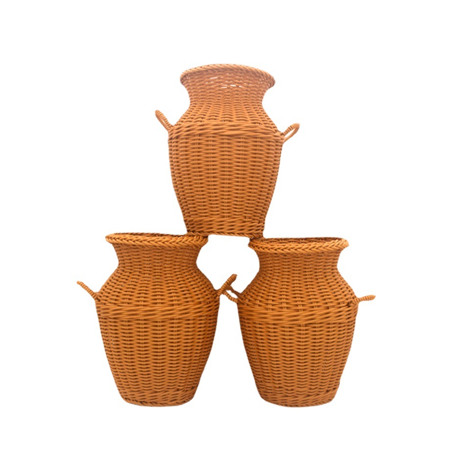 CL005007-Imitation rattan pure hand-woven hand-held binaural pot retro storage vase with dried flowers anti-real flowers living room decoration