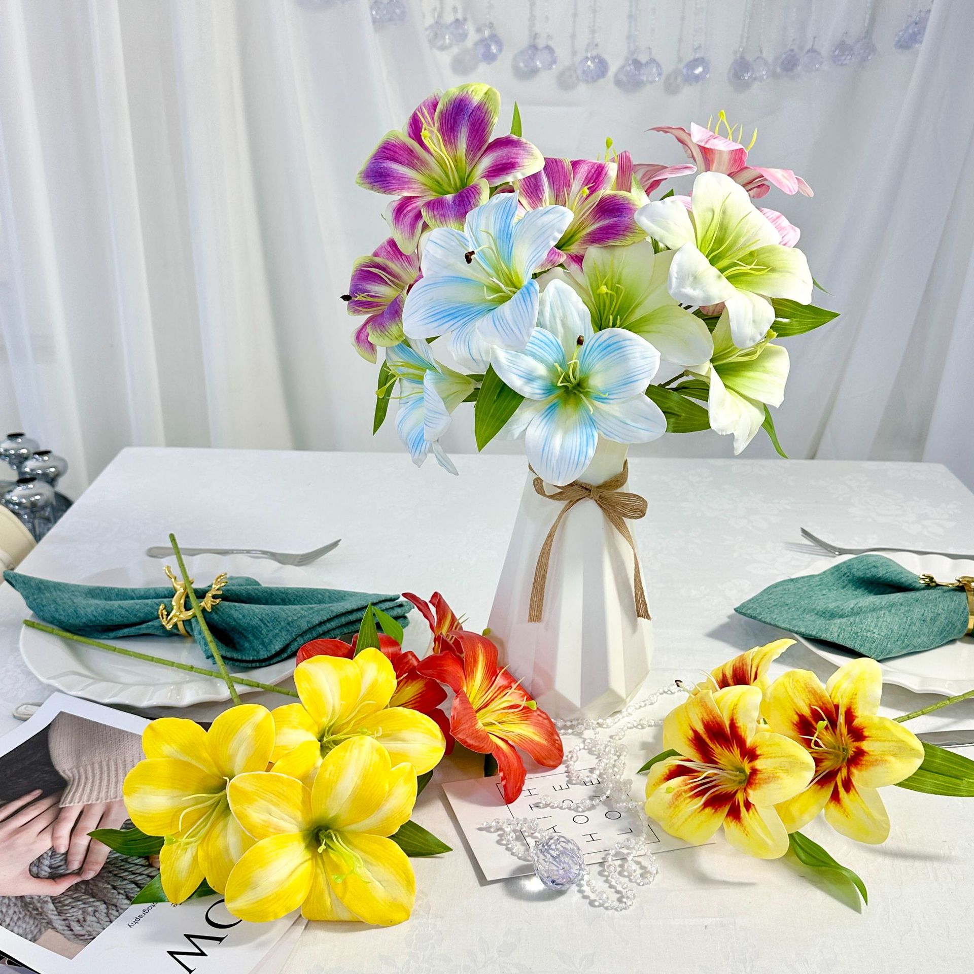 CL001069-artificial flower artificial 3 head Lily flower simulation home table bedroom fake flower decoration decoration wedding wedding set flowers