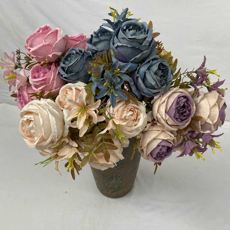 CL001051-artificial flower artificial rose 9 head Lily rose Coated silk screen simulation rose home table bedroom fake flower decoration decoration wedding wedding set flowers