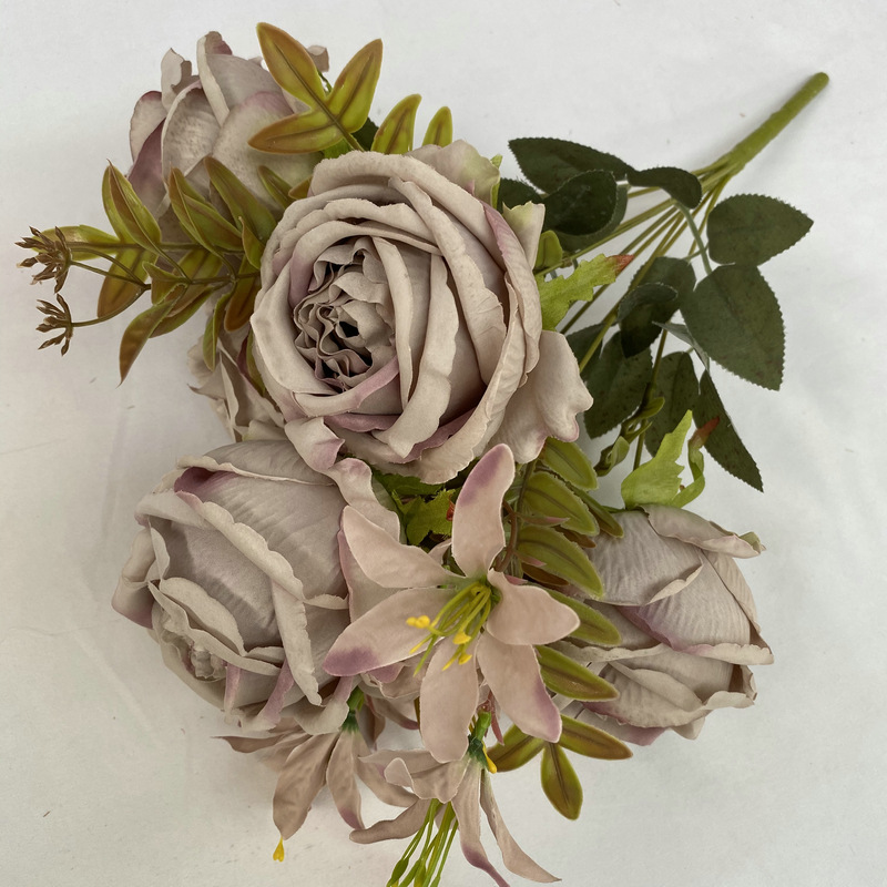 CL001051-artificial flower artificial rose 9 head Lily rose Coated silk screen simulation rose home table bedroom fake flower decoration decoration wedding wedding set flowers
