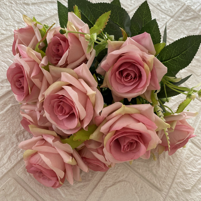 CL001059-artificial flower artificial rose 9 head fruit round rose Coated silk screen simulation rose home table bedroom fake flower decoration decoration wedding wedding set flowers